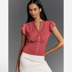 MAEVE Short-sleeve V-neck Fitted-waist Top In Pink Size M